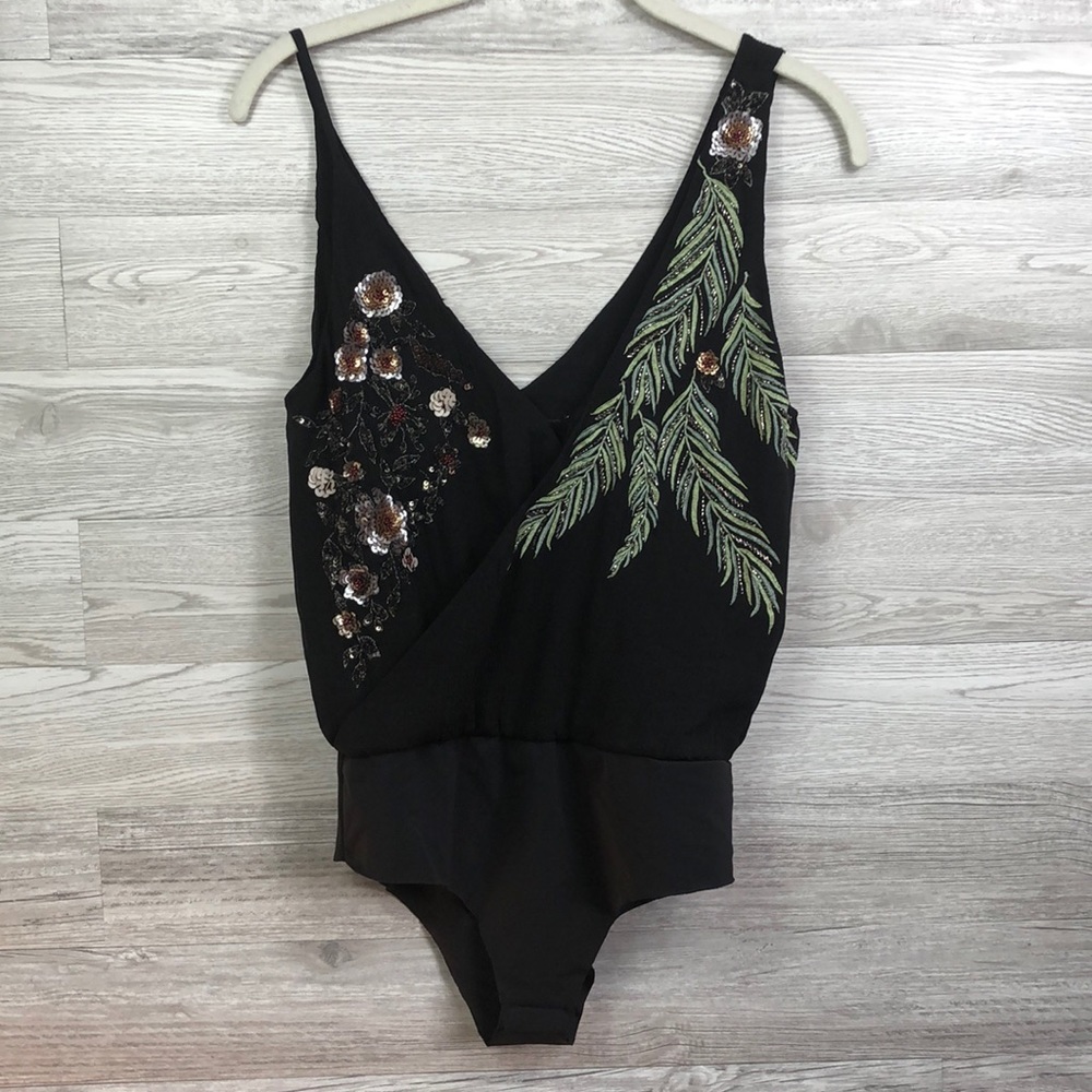Zara Sequin Bodysuit Deep V Cross Wrap Black